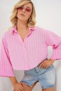 Çizgili Oversize Kısa Gömlek 20326 - Pembe resmi